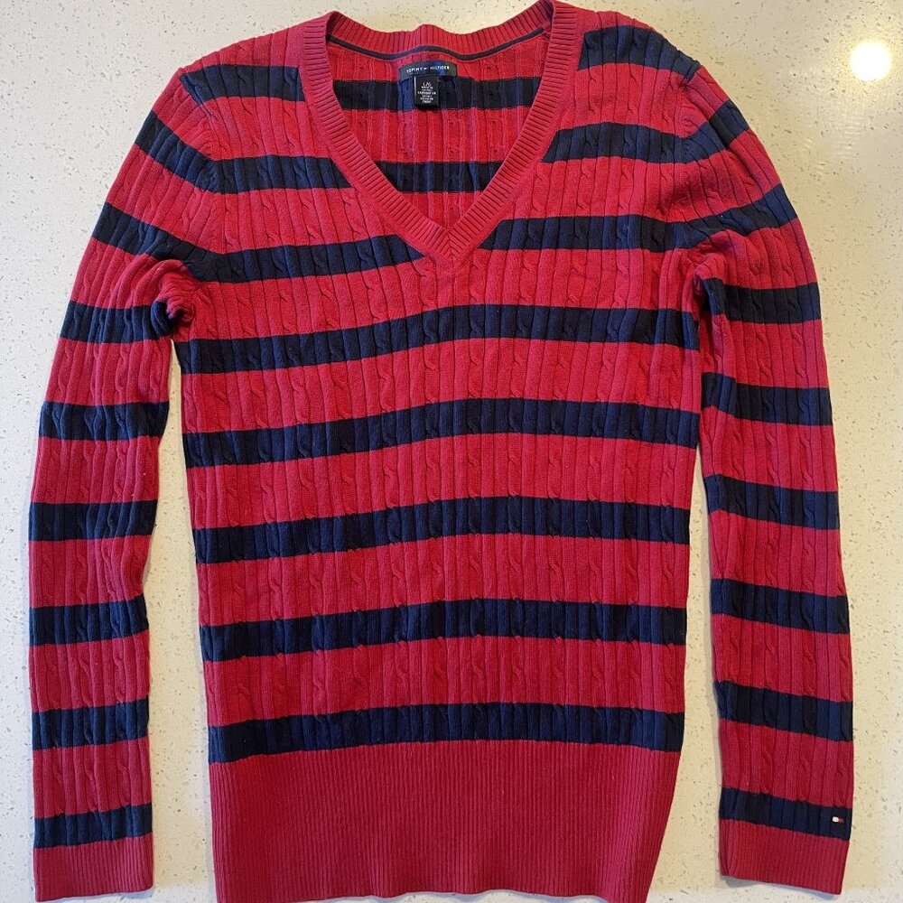Women's  Red and Navy Striped Tommy Hilfiger Sweater - Large
